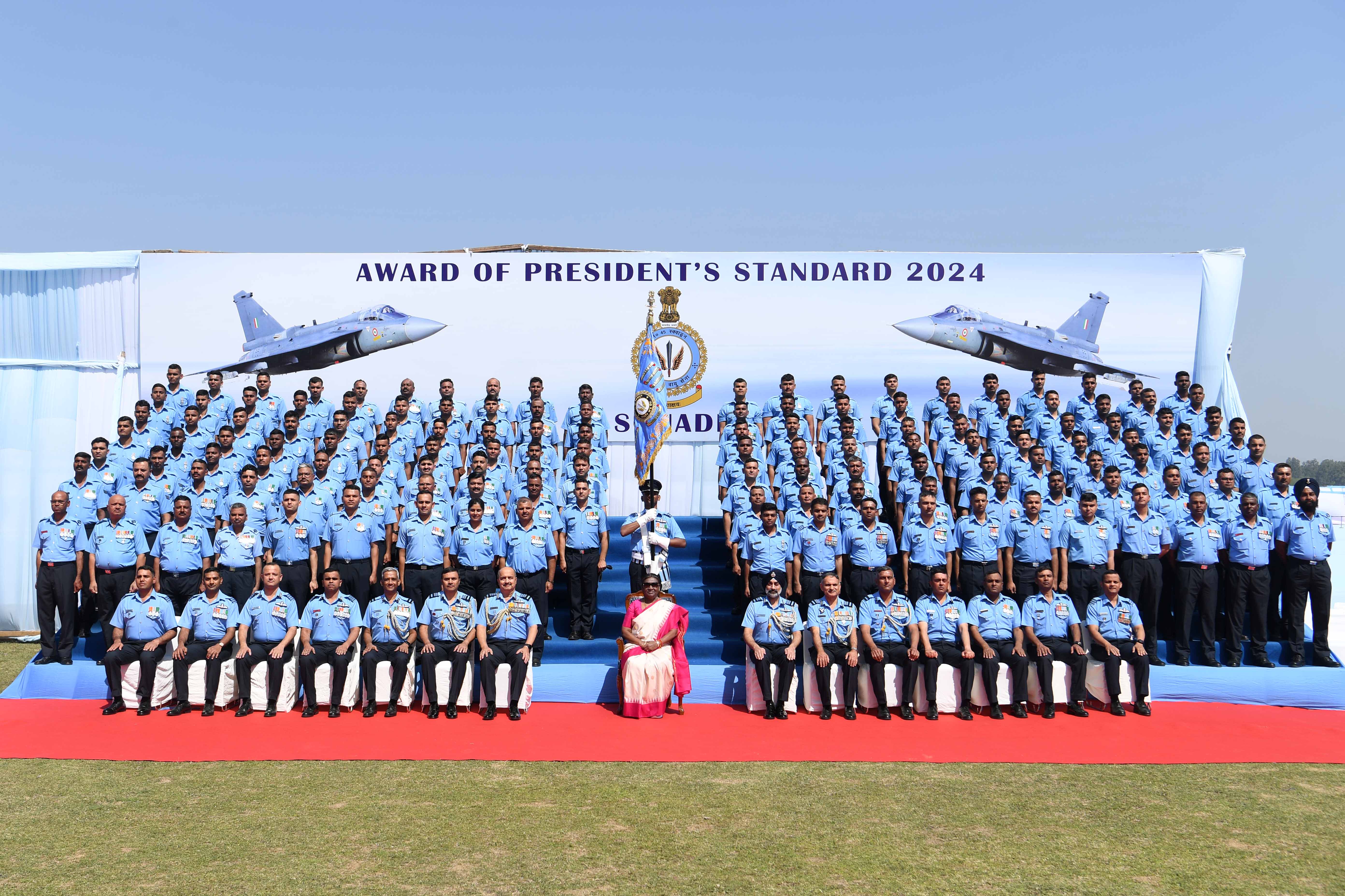 President Droupadi Murmu presents President's Standard to 45 Sqn & 221 Sqn and President's Colours to 11 BRD & 509 SU at Colours Presentation 2024 at Air Force Station Hindon, Ghaziabad on Mar 8, 2024.