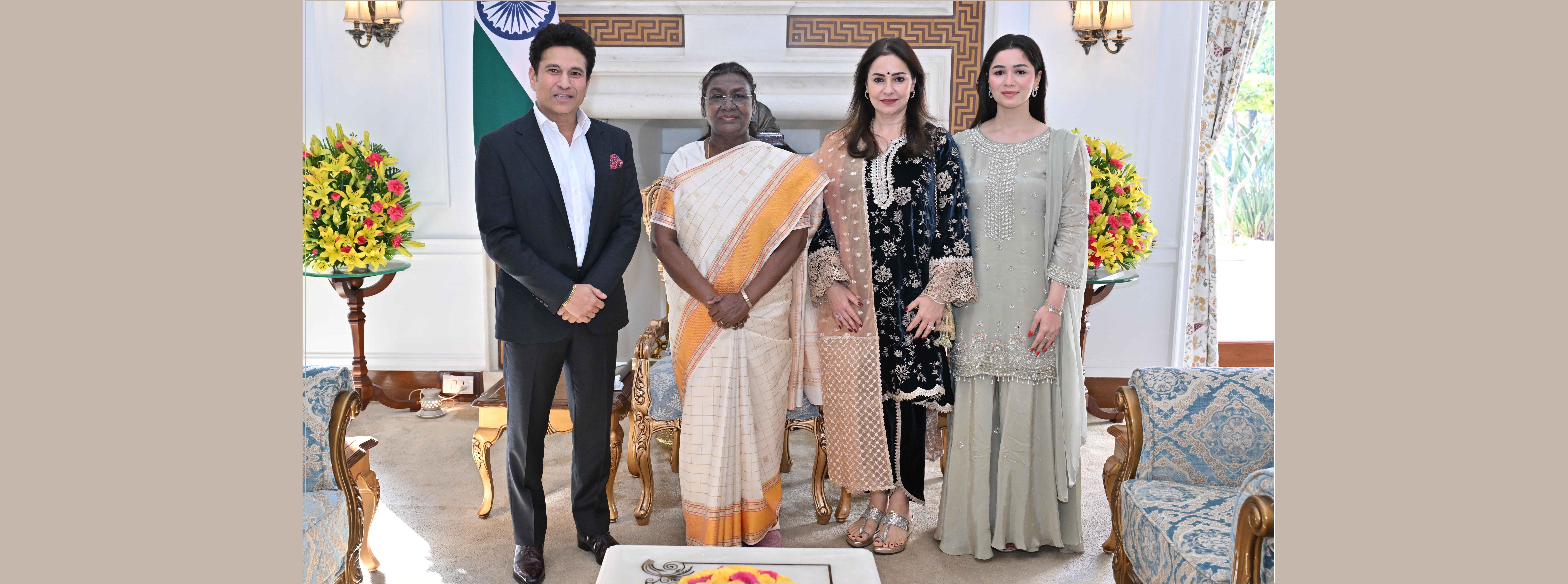 Cricket legend Shri Sachin Tendulkar, along with his family members, called on the President of India, Smt Droupadi Murmu at Rashtrapati Bhavan on February 6, 2025.