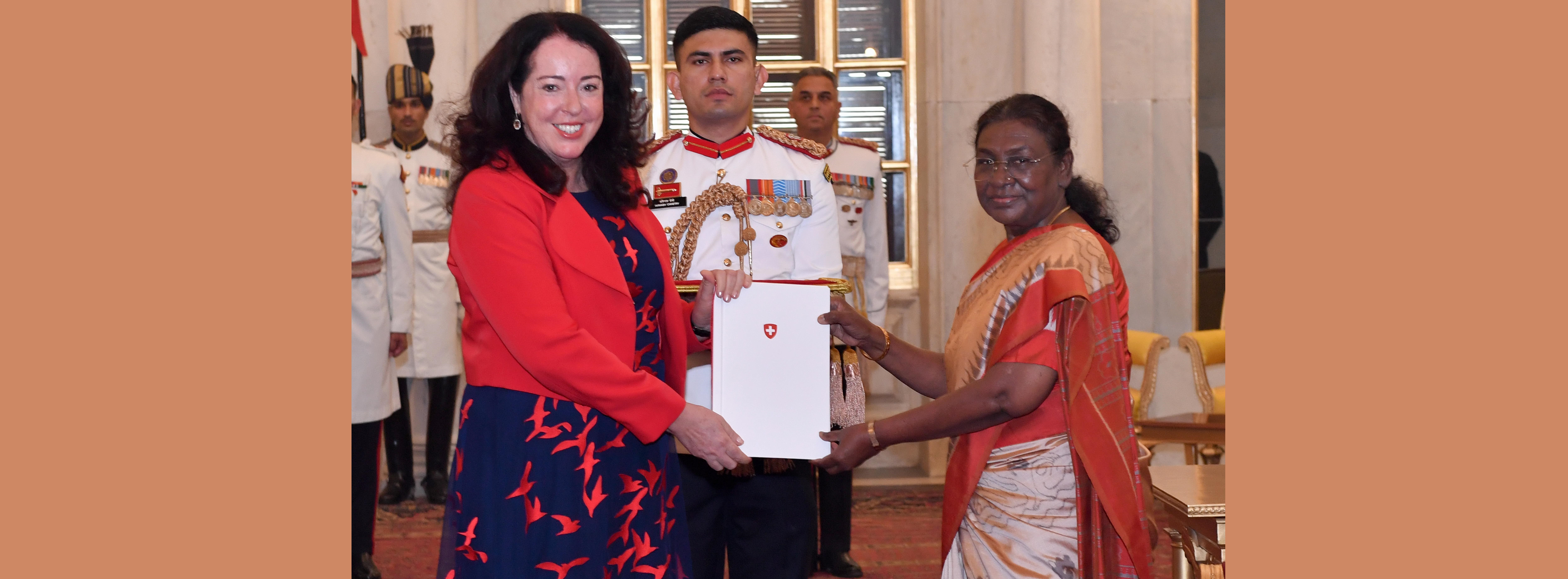 H.E. Mrs Maya Tissafi, Ambassador of Switzerland presenting credentials to the President of India, Smt Droupadi Murmu at a ceremony held at Rashtrapati Bhavan on November 18, 2024.