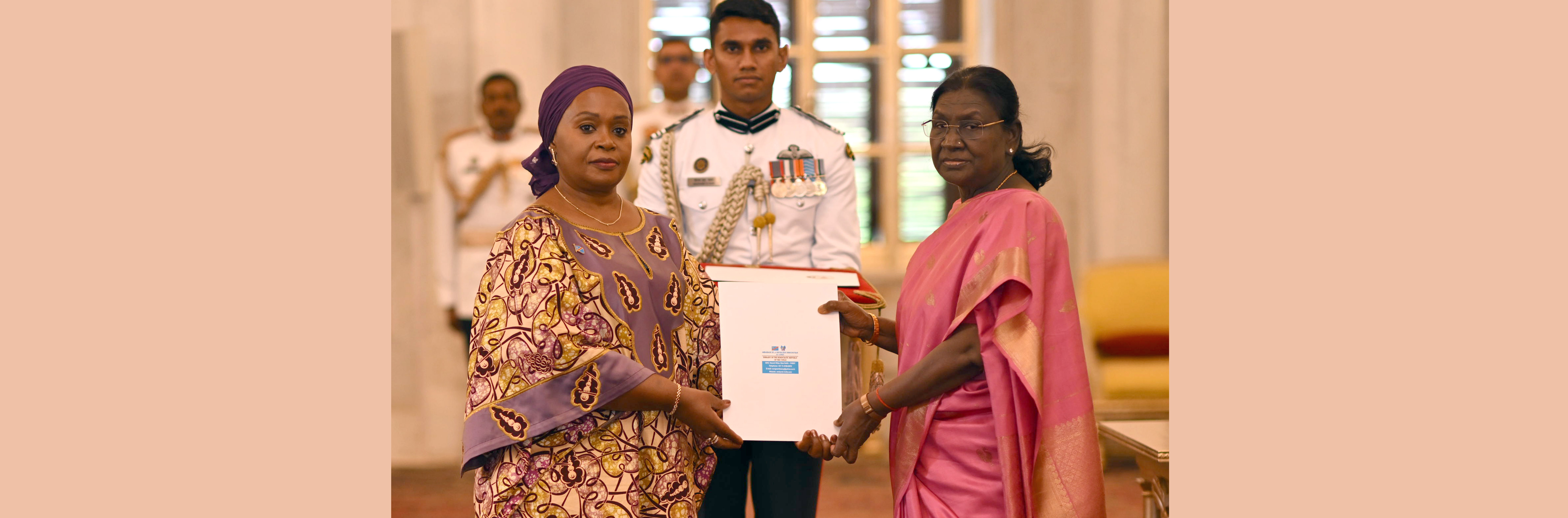 H.E. Mrs Emilie Ayaza Mushobekwa, Ambassador of the Democratic Republic of the Congo presenting credentials to the President of India, Smt Droupadi Murmu at a ceremony held at Rashtrapati Bhavan on April 23, 2026.