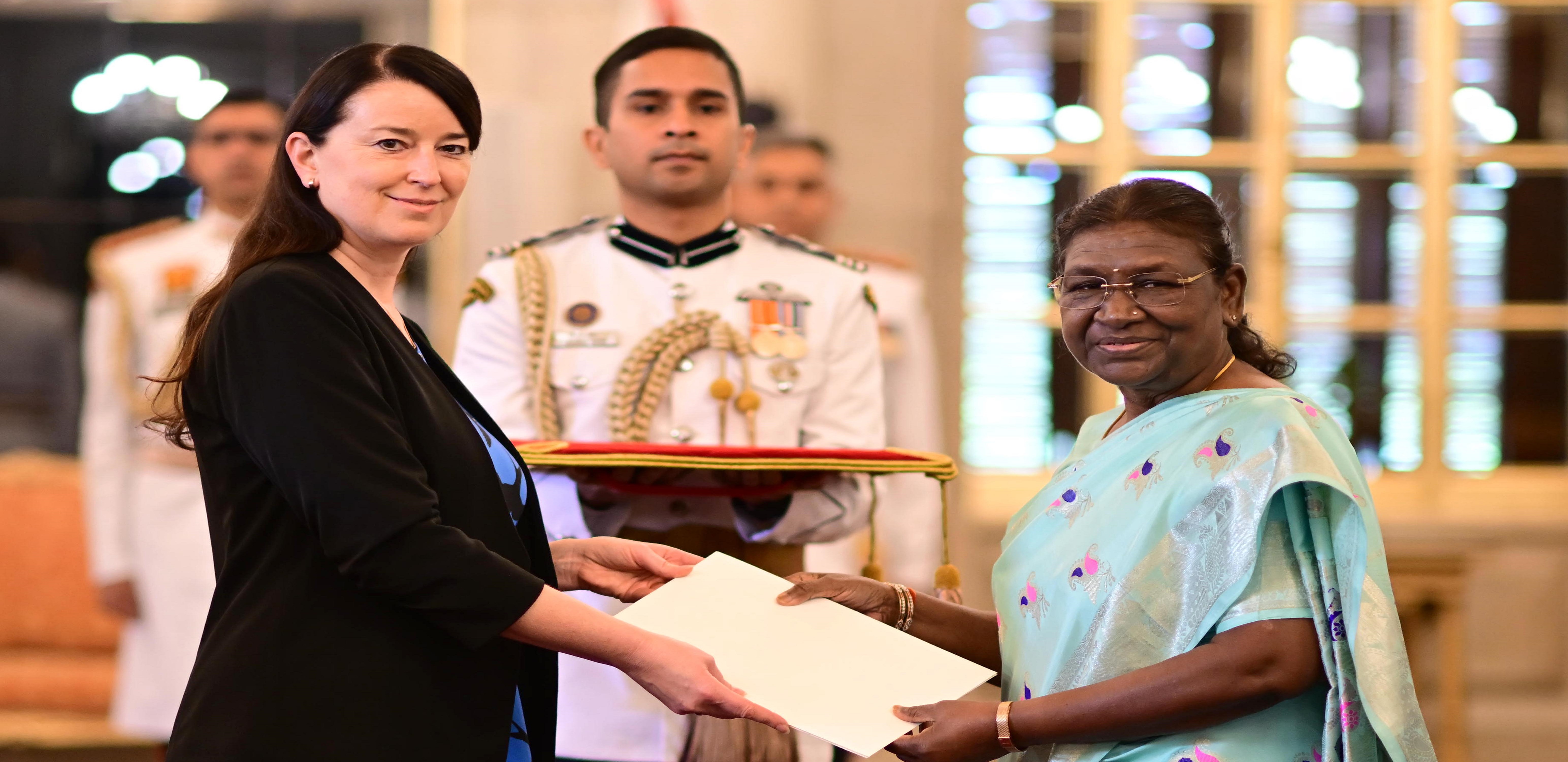 H.E. Mrs Marje Luup, Ambassador of the Republic of Estonia presenting credentials to the President of India, Smt Droupadi Murmu at Rashtrapati Bhavan on August 29, 2023.