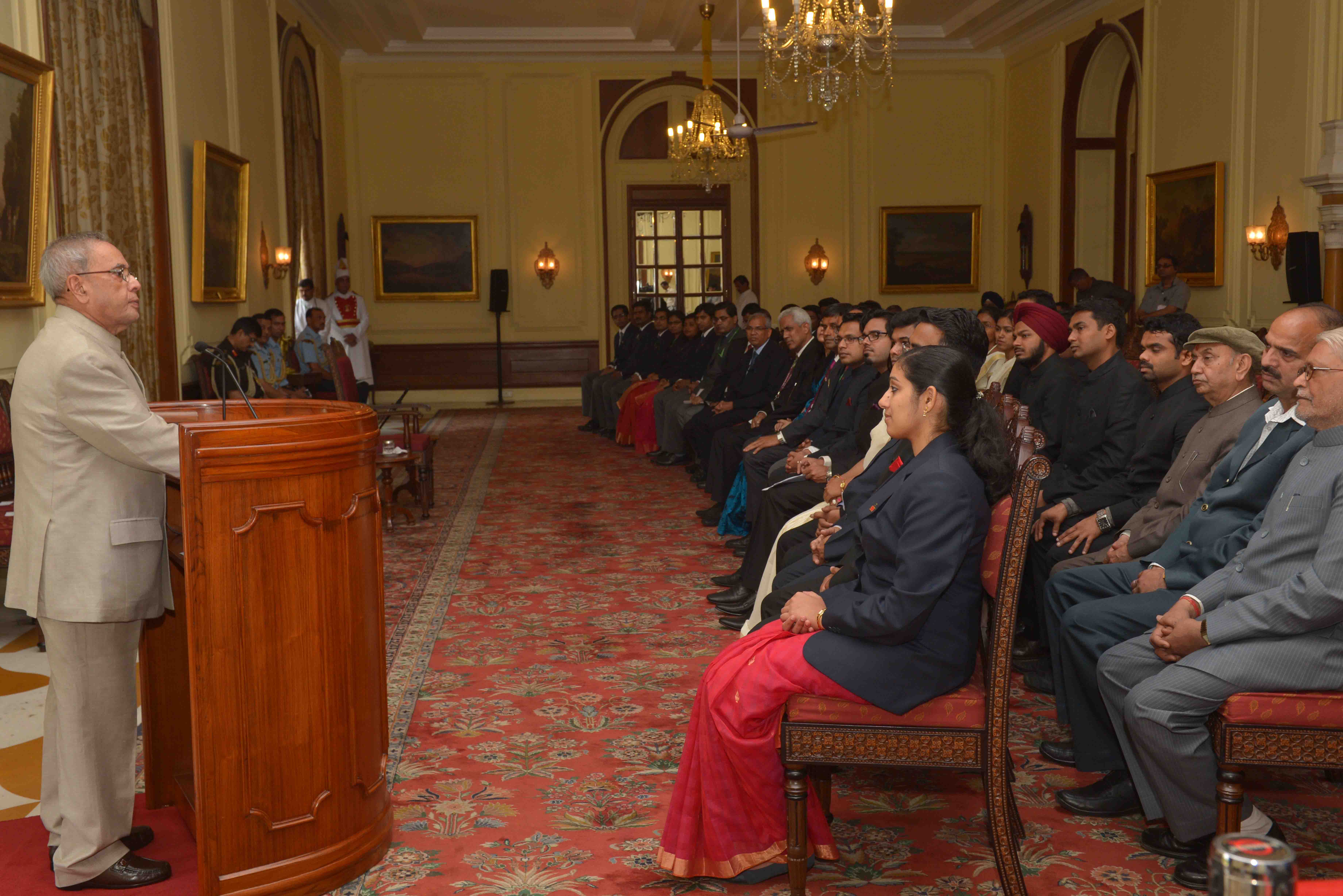 The President of India, Shri Pranab Mukherjee meeting with the Probationers of Indian Postal Service of 2014 Batch and Probationers of Indian P&T Accounts and Finance Service of 2013 and 2014 Batches at Rashtrapati Bhavan on March 26, 2015.