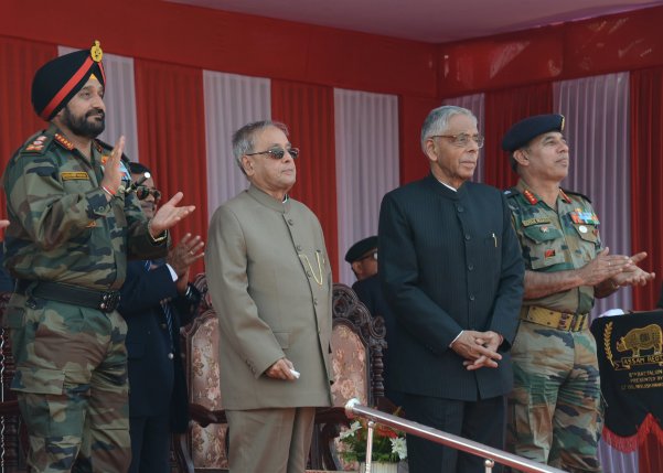 The President of India, Shri Pranab Mukherjee laying the foundation stone of Berhampore Military Station at Nabagram, District Murshidabad in West Bengal on February 20, 2014. Also seen are the Governor of West Bengal, Shri M.K. Narayanan and the Chief of 