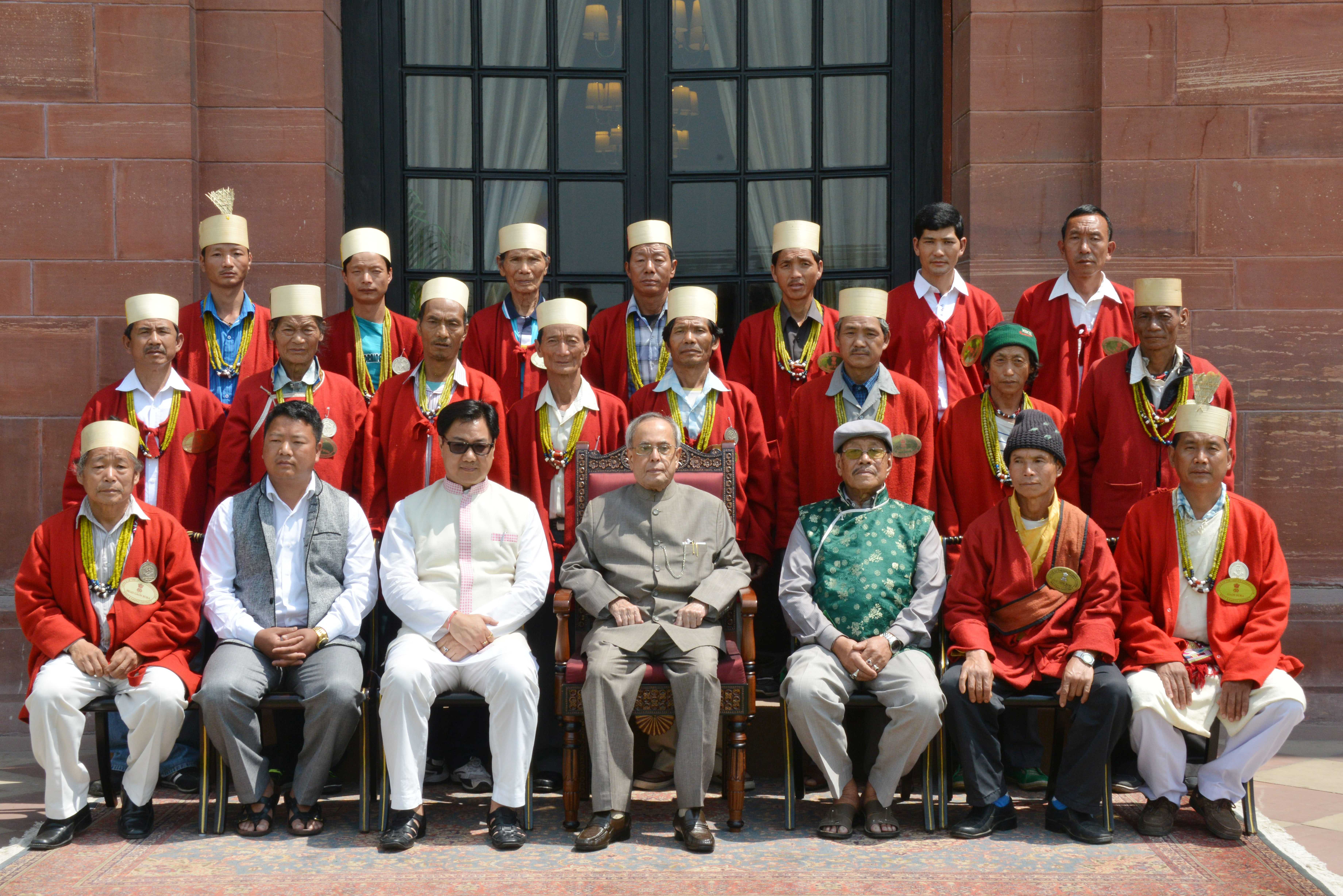 The President of India, Shri Pranab Mukherjee with the Minister of State for Home Affairs, Shri Kiren Rijiju along with member delegation of Village Heads from Nafra, Arunachal Pradesh at Rashtrapati Bhavan on April 1, 2015.