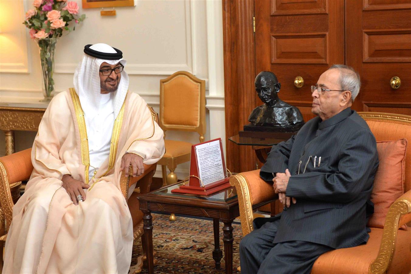 The Crown Prince of United Arab Emirates, H.E. Mr. Sheikh Mohammed Bin Zayed Al Nahyan calling on the President of India, Shri Pranab Mukherjee at Rashtrapati Bhavan on February 11, 2016. 