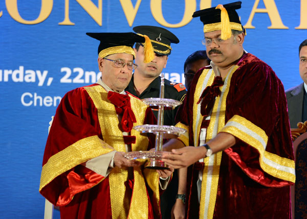 The President of India, Shri Pranab Mukherjee being felicitated by the Union Minister of Shipping, Shri G.K. Vasan at the Convocation of Indian Maritime University at Chennai Trade Centre at Chennai in Tamil Nadu onFebruary 22, 2014. 