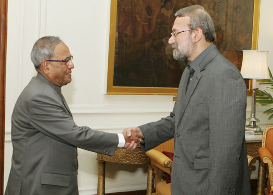 A Parliamentary Delegation from the Islamic Republic of Iran led by the Speaker of the Islamic Consultative Assembly, H.E. Dr. Ali Larijani calling on the President of India, Shri Pranab Mukherjee at Rashtrapati Bhavan in New Delhi on February 27, 2013.