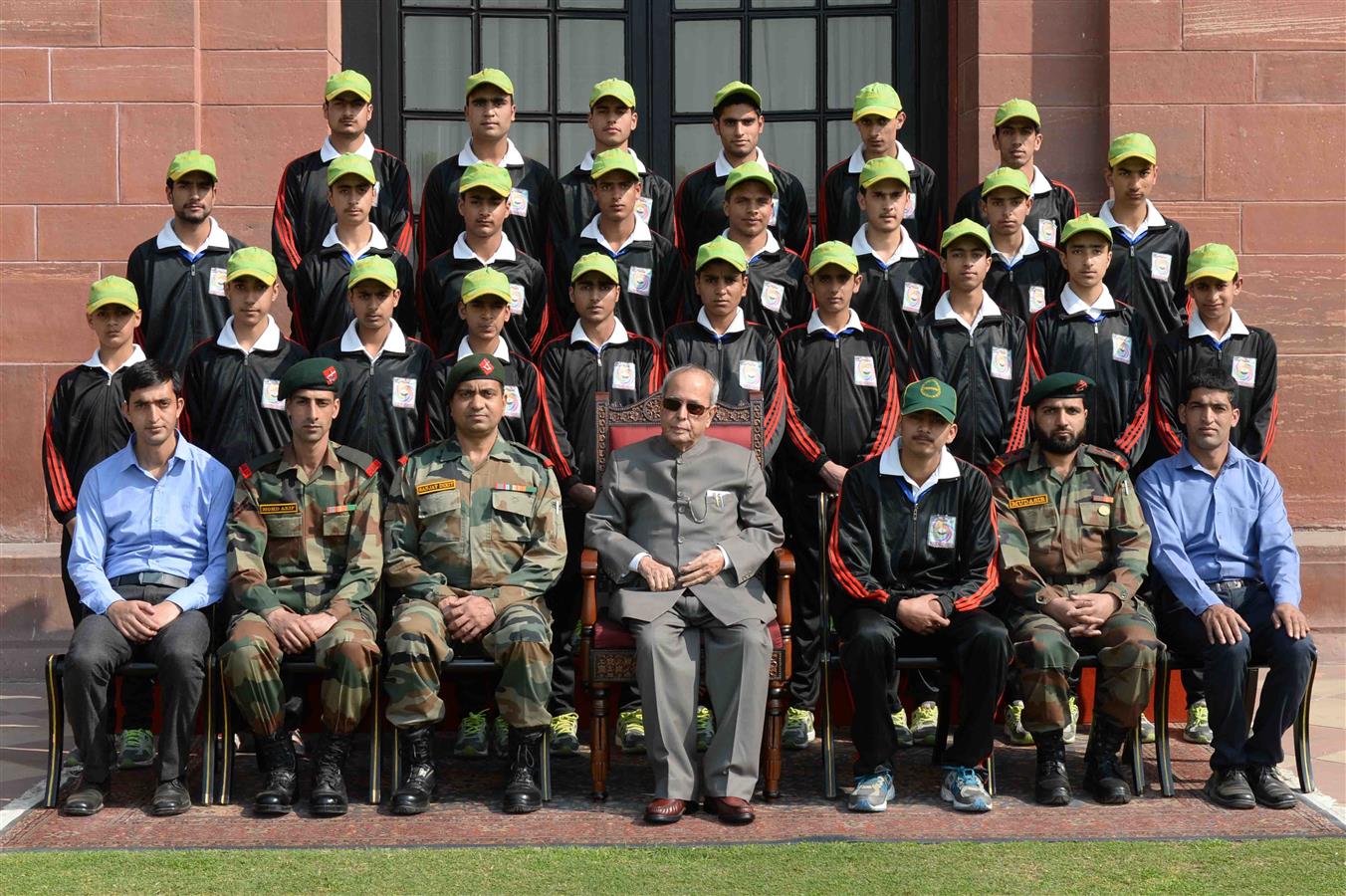 The President of India, Shri Pranab Mukherjee with Children and Teachers from Kulgam District from Jammu and Kashmir attending the National Integration Tour being organized by 162 Inf Bn TA(H&H) at Rashtrapati Bhavan on February 13, 2017.