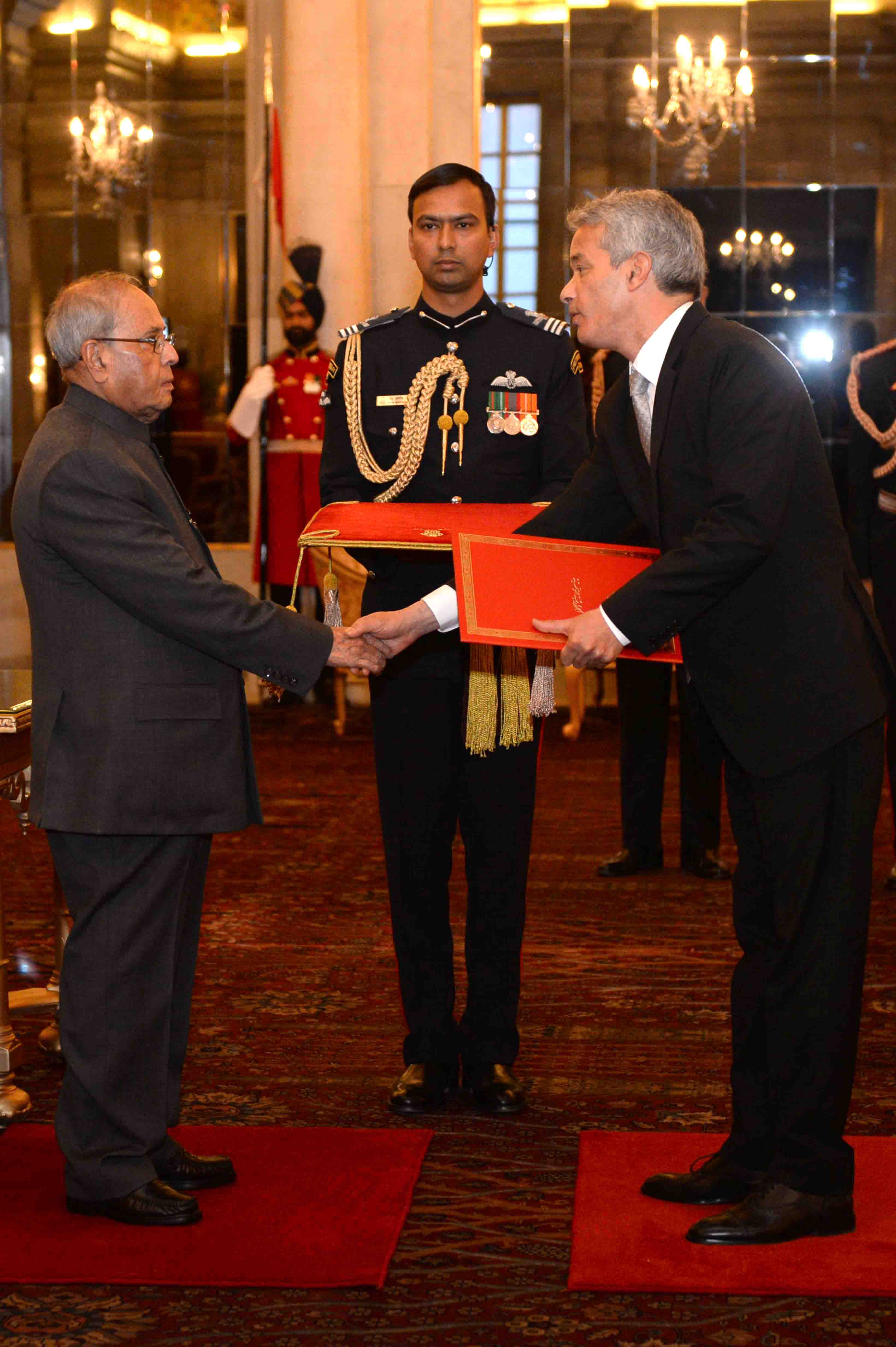 The Ambassador of Tunisia, His Excellency Mr. Nejmeddine Lakhal presenting his credential to the President of India, Shri Pranab Mukherjee at Rashtrapati Bhavan on February 15, 2017.