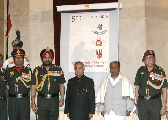 The President of India, Shri Pranab Mukherjee releasing the Commemorative Stamp on the occasion of Bicentenary Celebrations of the 3rd Battalion, The Parachute Regiment (Special Forces) at Rashtrapati Bhavan in New Delhi on March 2, 2013. Also seen are th