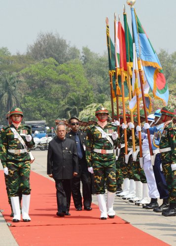 The President of India, Shri Pranab Mukherjee inspecting the Guard of Honour to presented to his at Hazarat Shahjalal International Airport in Dhaka on March 3, 2013 during his State Visit to Bangladesh.