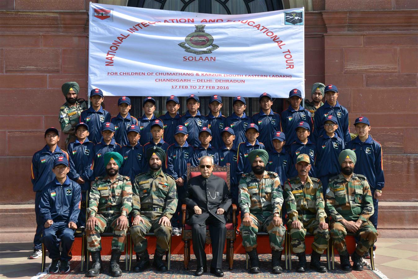 The President of India, Shri Pranab Mukherjee with Boy student from Chumthang and Karzok Villages of Eatern Ladakh attending National Integration Tour organized by the HQ70 Infantry Brigade at Rashtrapati Bhavan on February 22, 2016. 