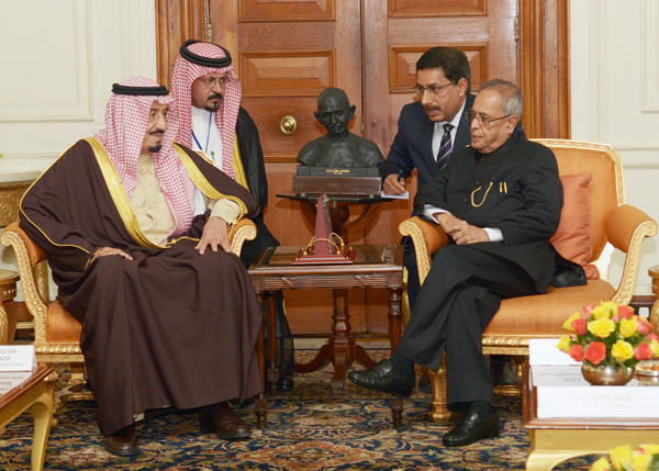 The Deputy Prime Minister and Minister of Defence of Kingdom of Saudi Arabia, HRH Prince Salman bin Abdulaziz Al Saud meeting the President of India, Shri Pranab Mukherjee at Rashtrapati Bhavan in New Delhi on February 27, 2014. 