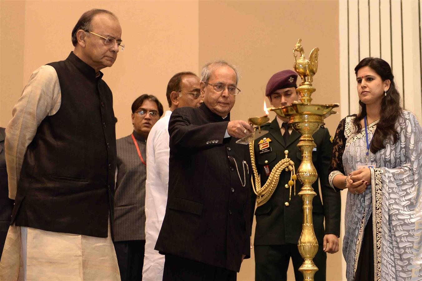 The President of India, Shri Pranab Mukherjee lighting the lamp at the inauguration of the 90th Anniversary of Shri Ram College of Commerce in New Delhi on February 20, 2017.