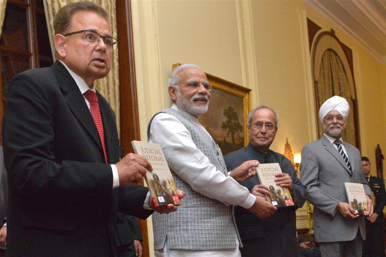 The Prime Minister of India, Shri Narendra Modi releasing a book ‘Judicial Reforms – Recent Global Trends’ and first copy presented to the President of India, Shri Pranab Mukherjee at Rashtrapatin Bhavan on February 22, 2017.