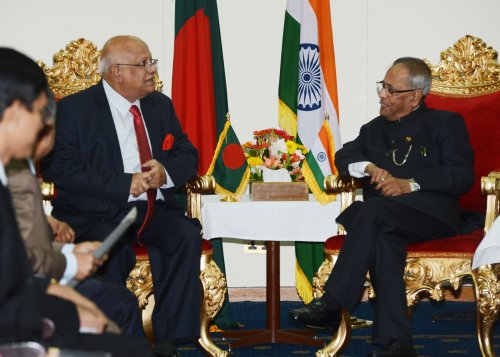 The Finance Minister of Bangladesh, Mr. Abul Maal Abdul Muhith calling on the President of India, Shri Pranab Mukherjee at Dhaka in Bangladesh on March 3, 2013.