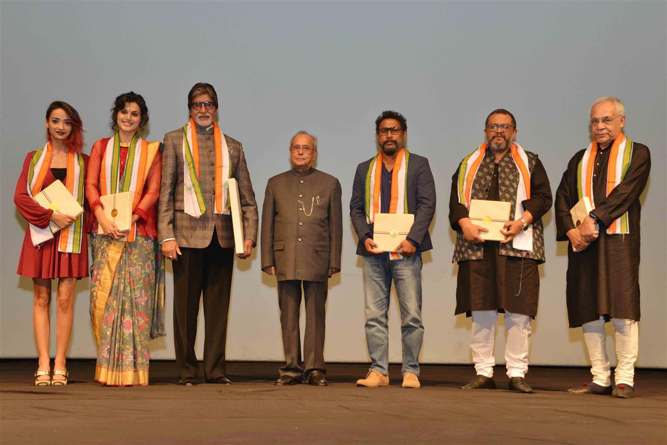 The President of India, Shri Pranab Mukherjee with artists after witnessing the Special Screening of the Hindi Feature Film 'Pink' at Rashtrapati Bhavan Auditorium on February 25, 2017.