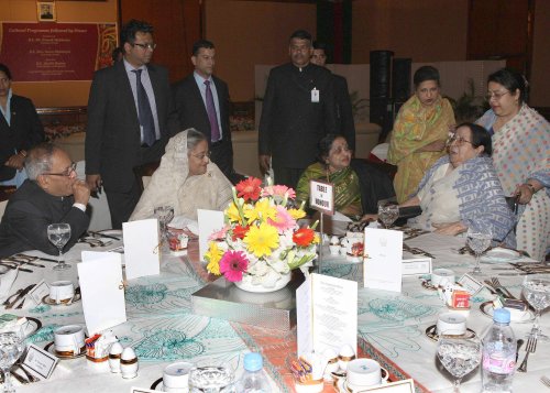 The President of India, Shri Pranab Mukherjee and Prime Minster of Bangladesh, Mrs. Sheikh Hasina at the Dinner hosted by the Prime Minister of Bangladesh at Dhaka in Bangladesh on March 3, 2013.