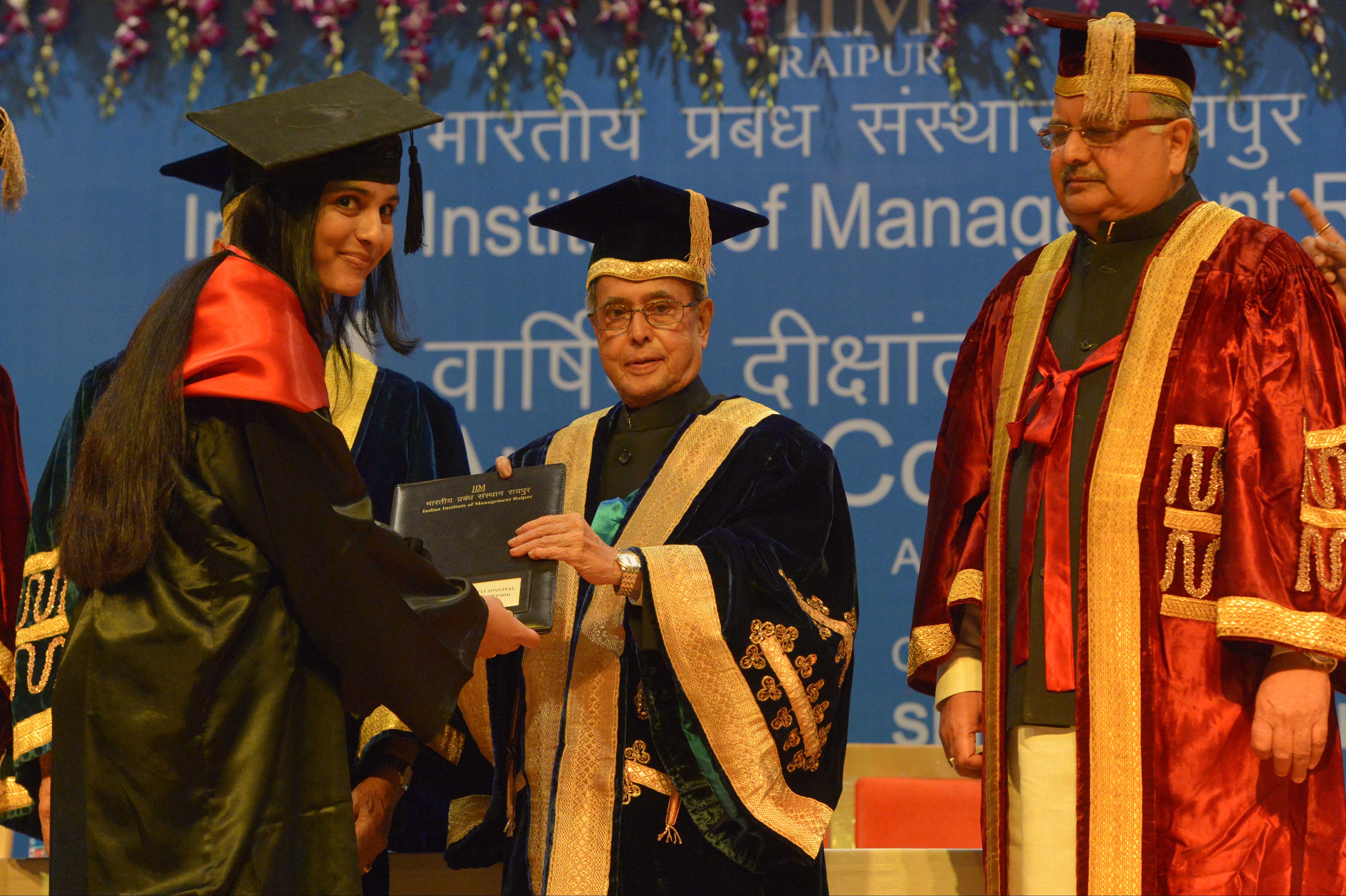 The President of India, Shri Pranab Mukherjee while presenting the degree to a student at the 4th Annual Convocation of Indian Institute of Management(IIM), Raipur at Raipur, Chhattisgarh on April 17, 2015.