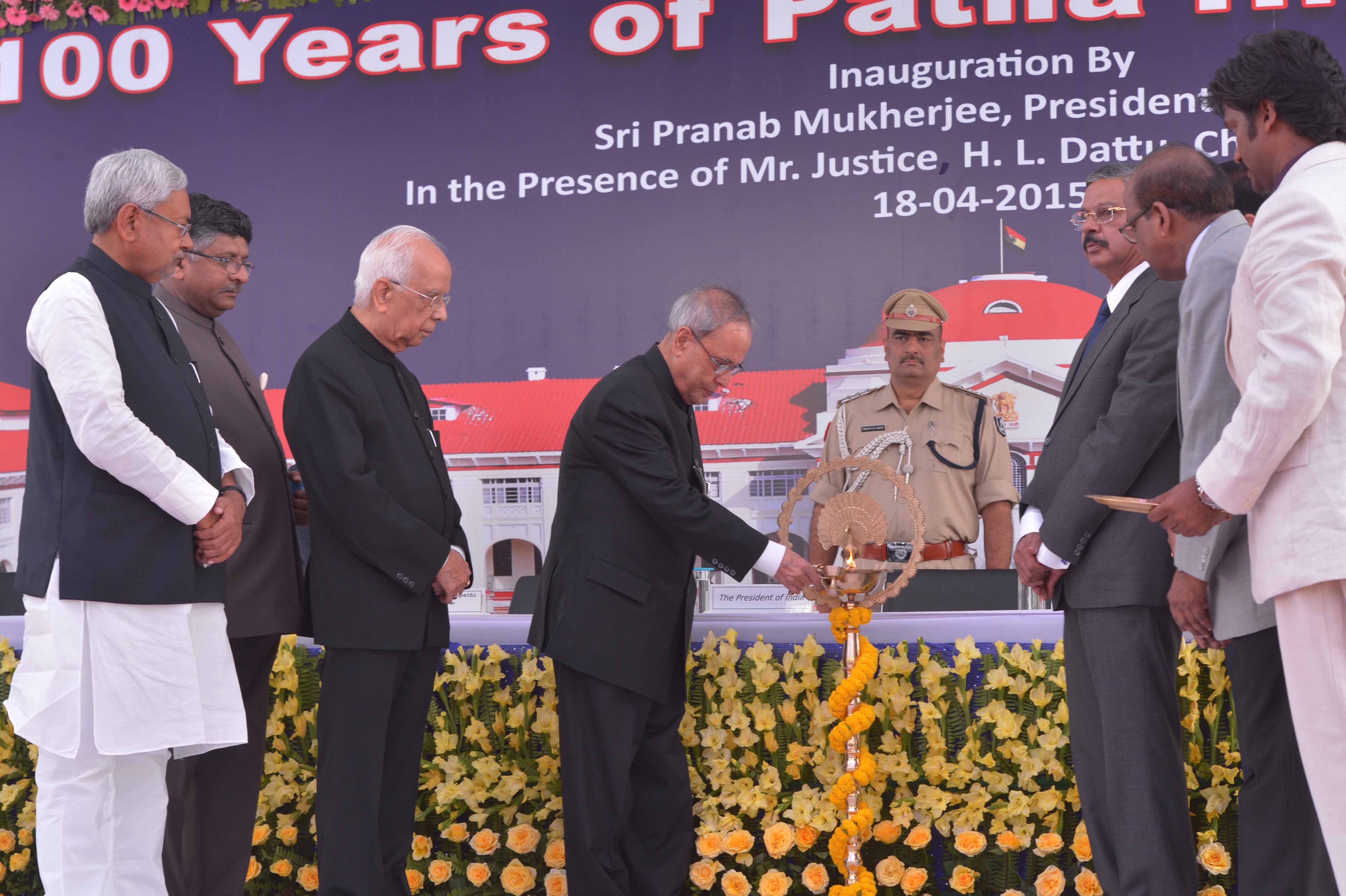 The President of India, Shri Pranab Mukherjee lighting the lamp to inaugurate the Centenary Year Celebration of Patna High Court at Patna in Bihar on April 18, 2015.