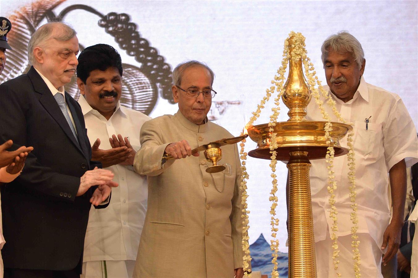 The President of India, Shri Pranab Mukherjee lighting the Lamp at the inauguration of Muziris Heritage Project at Kodungaloor in Kerala on February 27, 2016. 