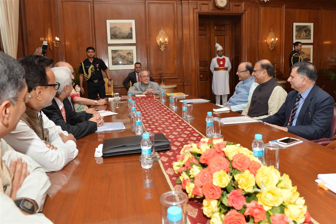 The Union Minister of Finance, Shri Arun Jaitley, the Union Minister of State of Finance, Shri Jayant Sinha along with others presenting the General Budget to the President of India, Shri Pranab Mukherjee at Rashtrapati Bhavan on February 29, 2016. 