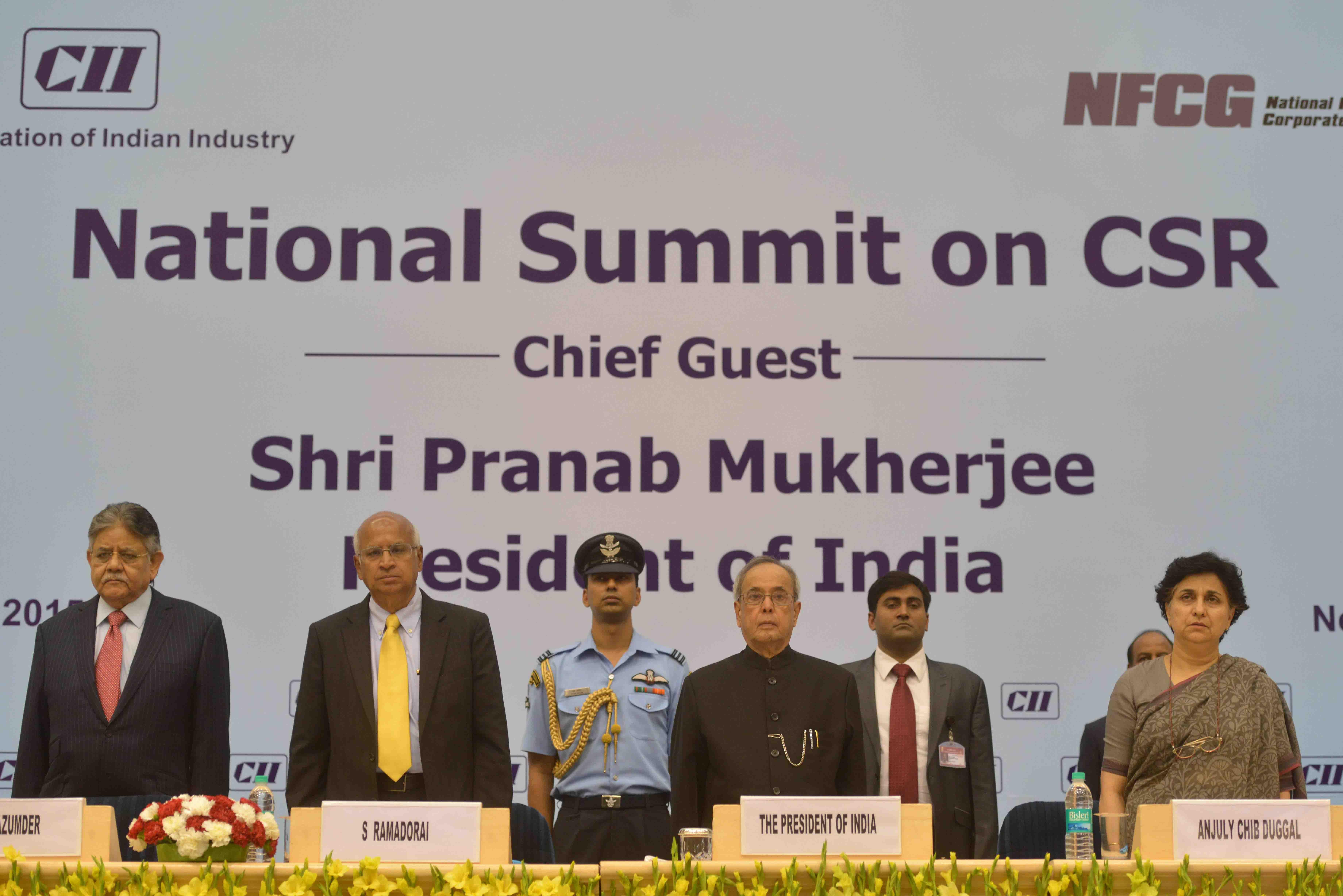 The President of India, Shri Pranab Mukherjee attending the National Summit on CSR on the theme 'Boardroom and Beyond' organized by the Confederation of Indian Industry (CII) at New Delhi on April 29, 2015.