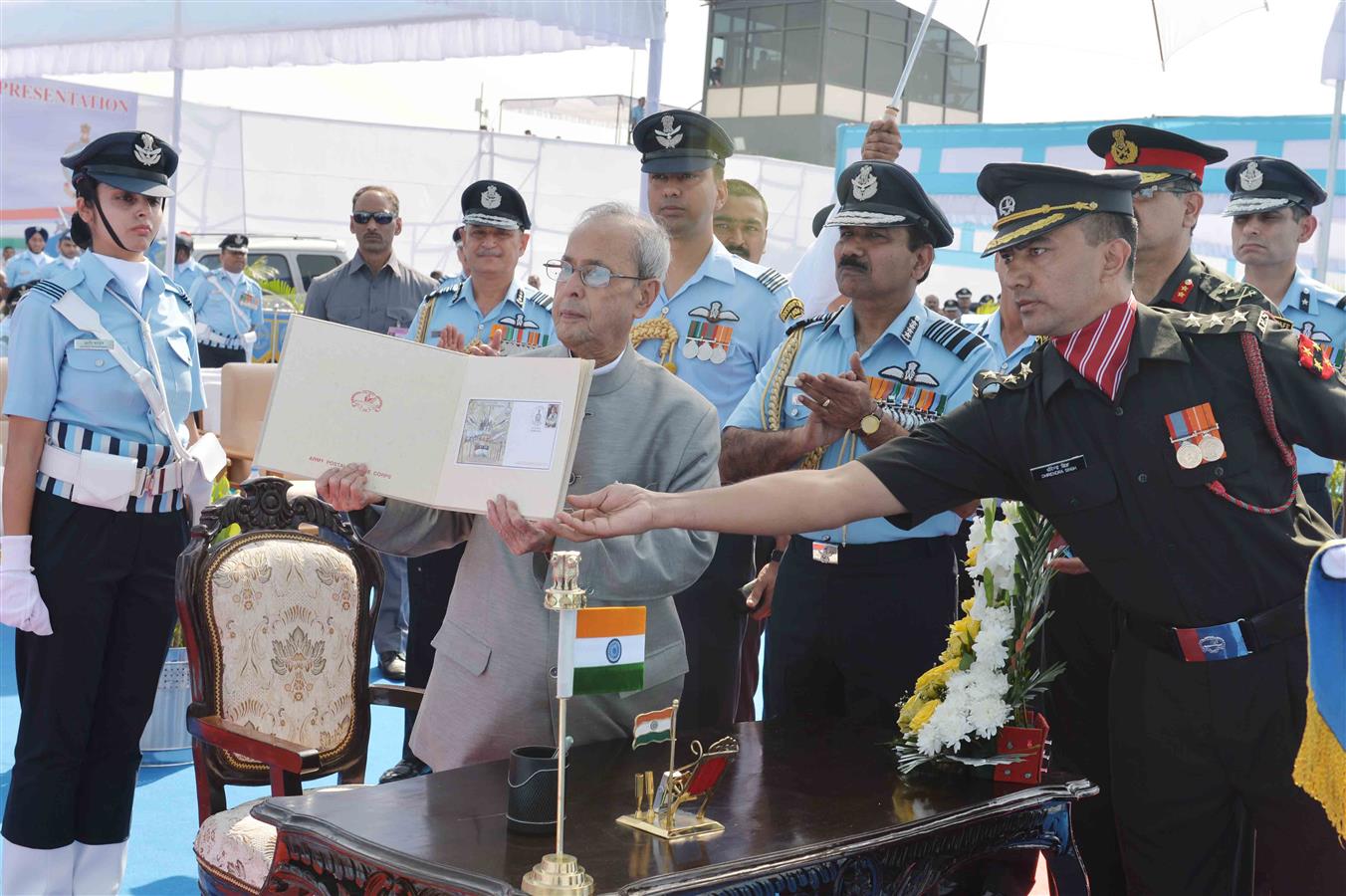 The President of India, Shri Pranab Mukherjee releasing a commemorative postage stamp at the presentation of the Standard to 119 Helicopter Unit and Colours to 28 Equipment Depot of Indian Air Force at Jamnagar in Gujarat on March 4, 2016. 