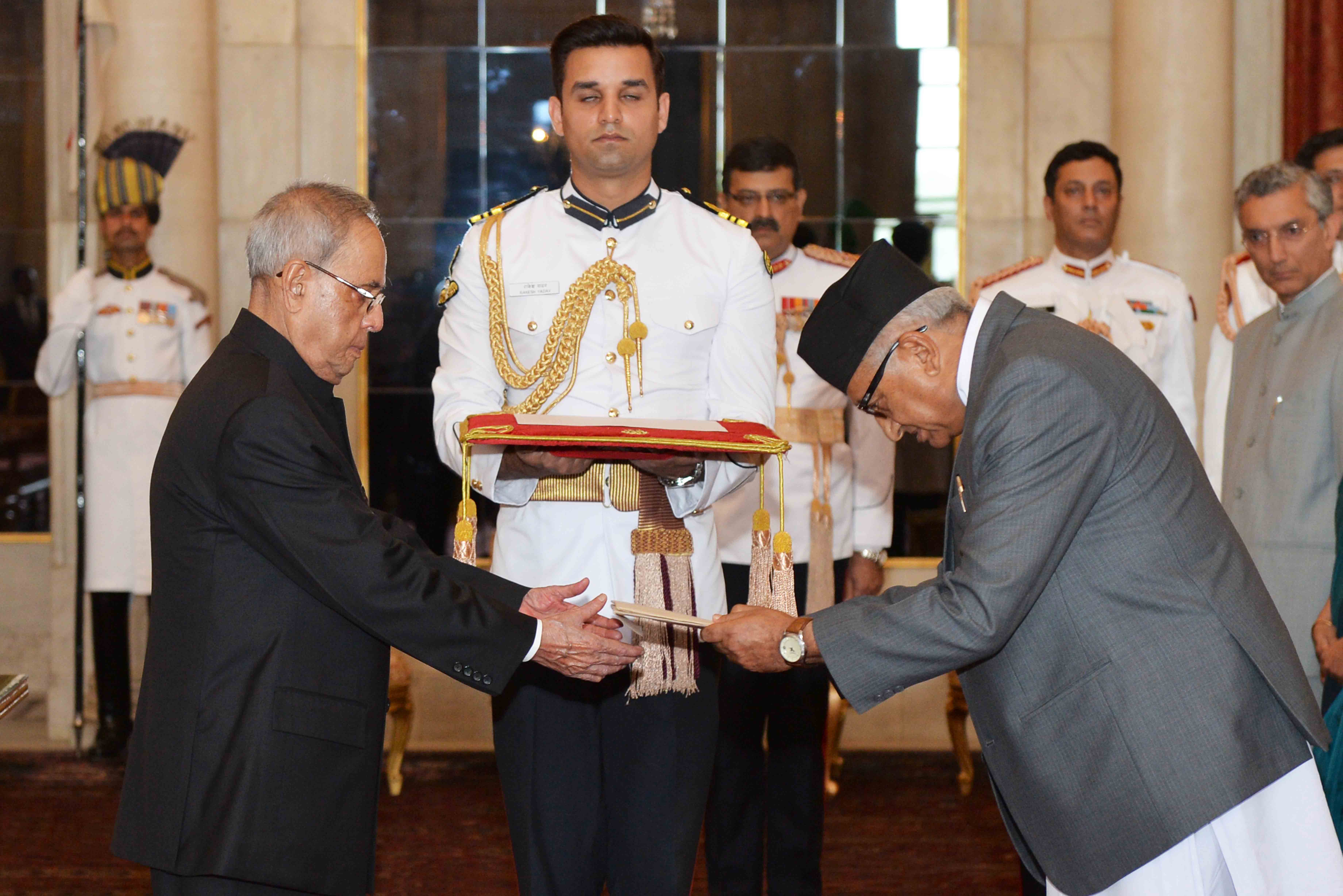 The Ambassador of Nepal, H.E. Mr. Deep Kumar Upadhyay presenting his Credential to the President of India, Shri Pranab Mukherjee at Rashtrapati Bhavan on April 30, 2015.