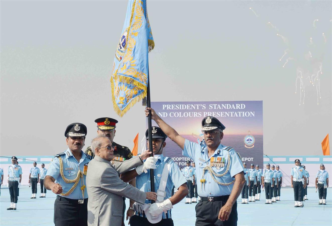 The President of India, Shri Pranab Mukherjee presenting the Standard to 119 Helicopter Unit and Colours to 28 Equipment Depot of Indian Air Force at Jamnagar in Gujarat on March 4, 2016. 