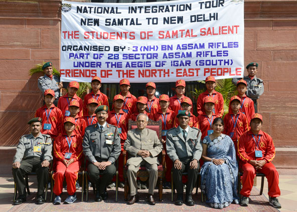 The President of India, Shri Pranab Mukherjee with students from New Samtal village, Chandel District, Manipur who are attending the National Integration Tour organized by the 3(NH) BN Assam Rifiles part of 28 sector Assam Rifiles at Rashtrapati Bhavan i 