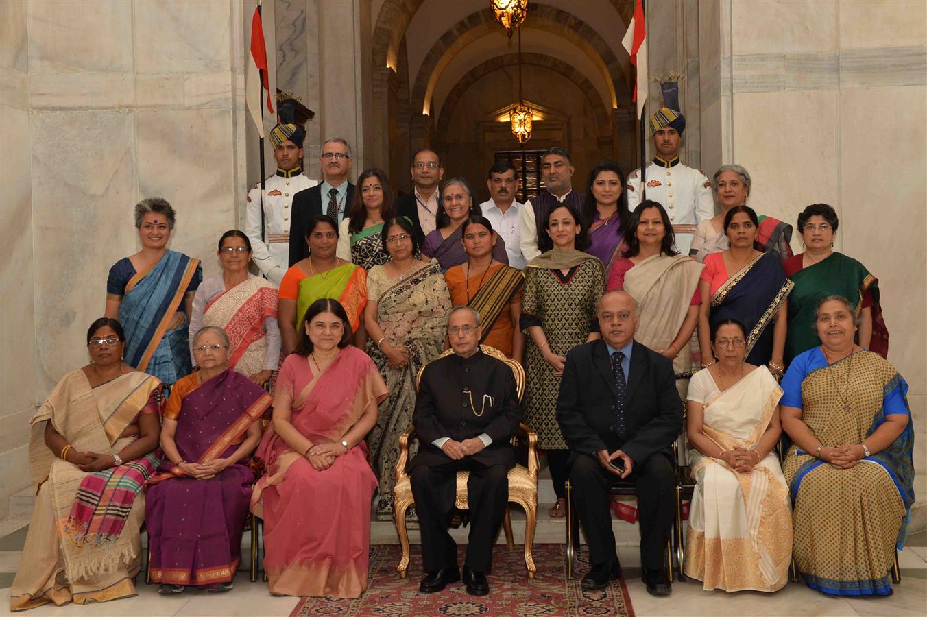 The President of India, Shri Pranab Mukherjee with recipients of Nari Shakti Puraskar on the occasion of International Women's Day at Rashtrapati Bhavan on March 8, 2016. 