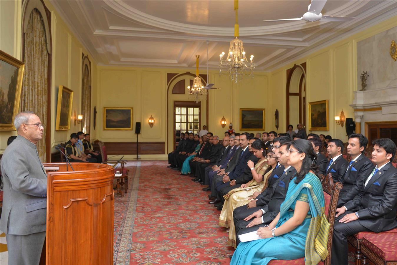 The President of India, Shri Pranab Mukherjee interacting with Probationers of Indian Postal Service (2015 Batch) from Rafi Ahmed Kidwai National Postal Academy, Officer Trainees of Indian Telecom Service (ITS) and Officer Trainees of P&T Building Works 