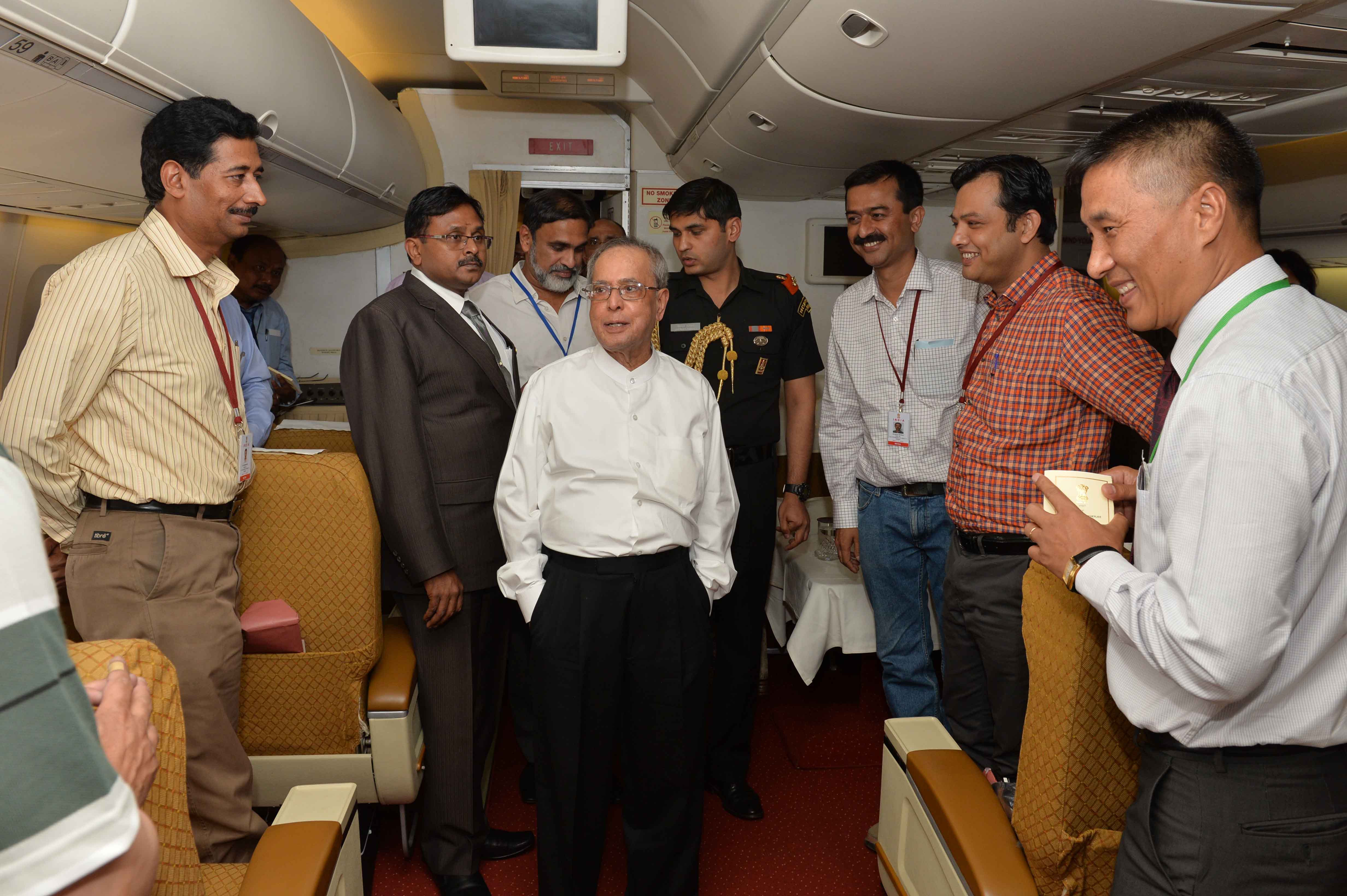 The President of India, Shri Pranab Mukherjee interacting with the media delegation on board his Special Aircraft on his way to Moscow for his Visit to Russia on May 7, 2015.