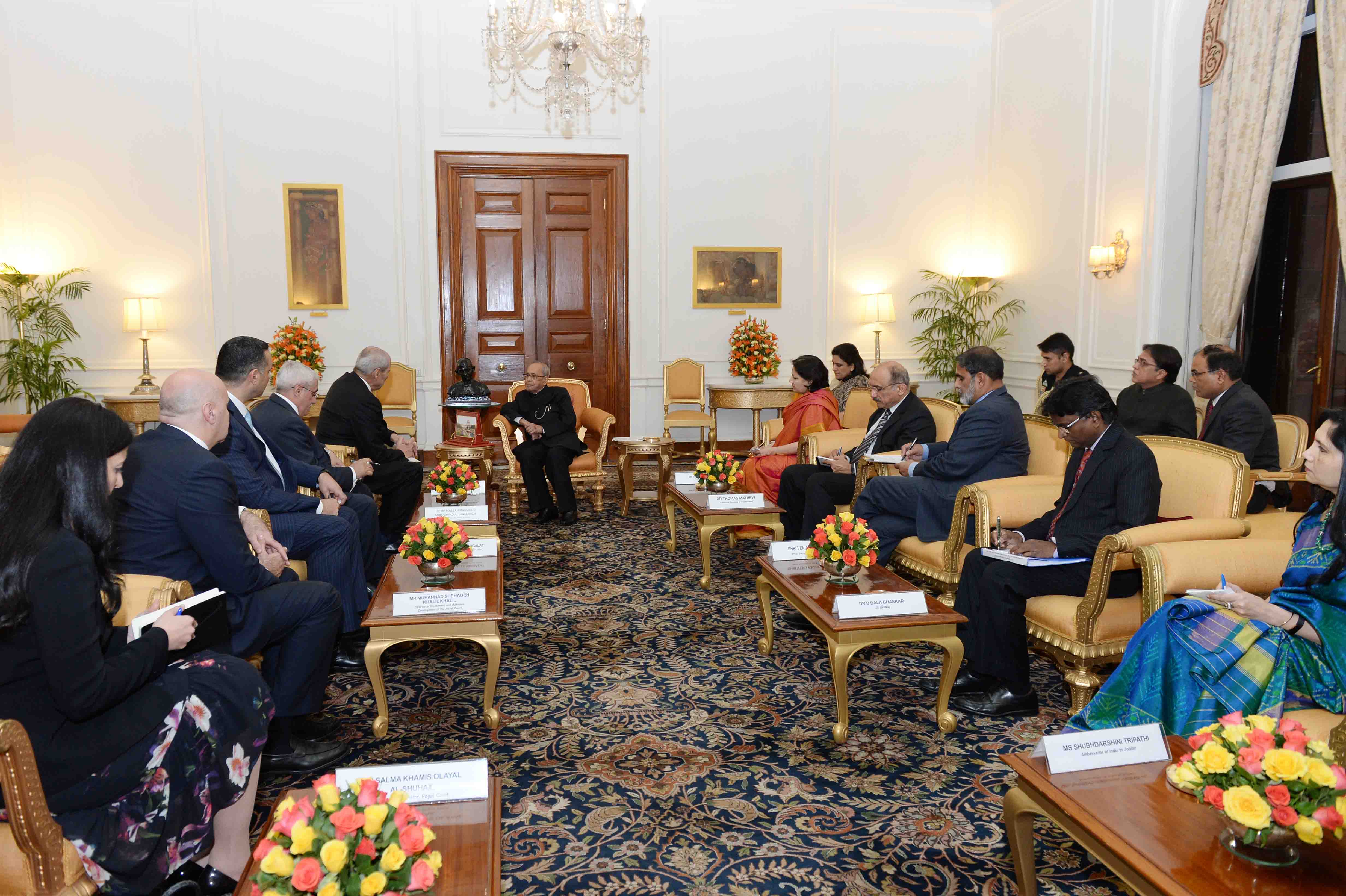 The Chief of Royal Court of the Hashemite Kingdom of Jordan, H.E. Dr. Fayez Tarawnehy calling on the President of India, Shri Pranab Mukherjee at Rashtrapati Bhavan on March 8, 2017.