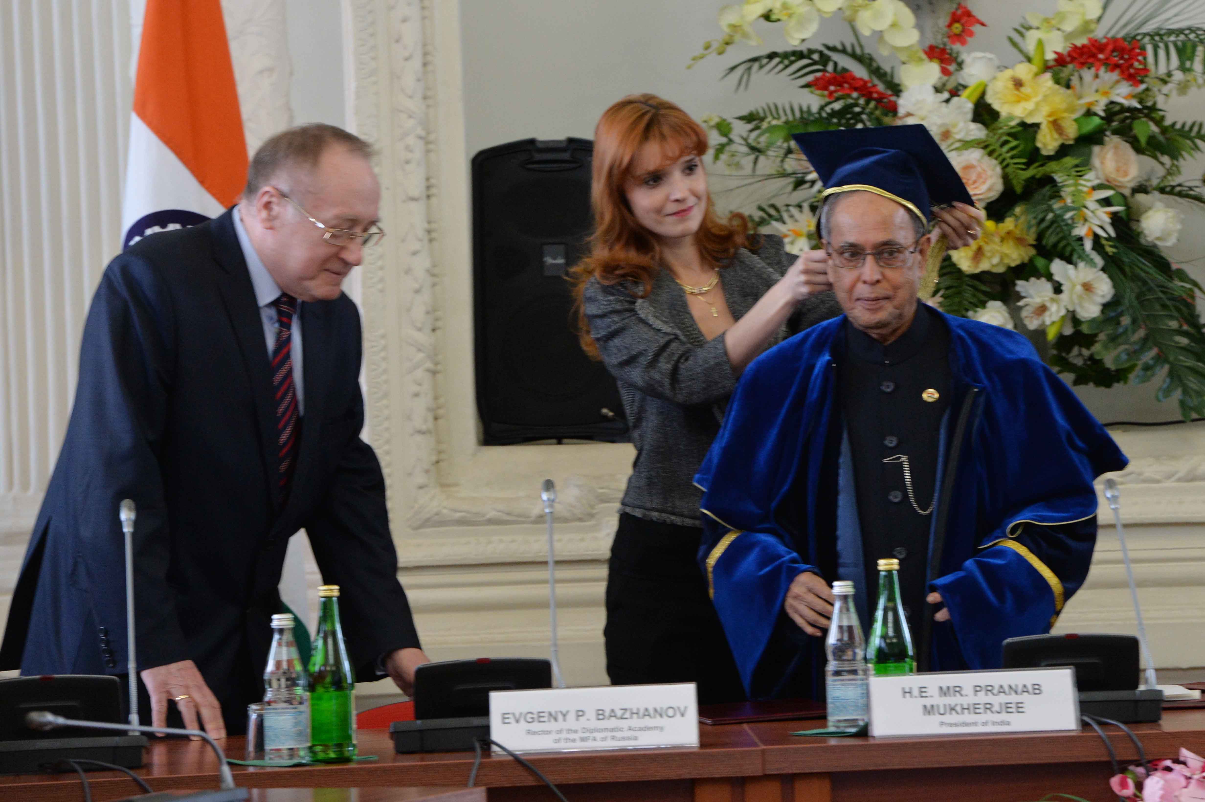 The President of India, Shri Pranab Mukherjee being conferred the Honorary Doctorate from Russian Diplomatic Academy at Moscow in Russia on May 8, 2015.