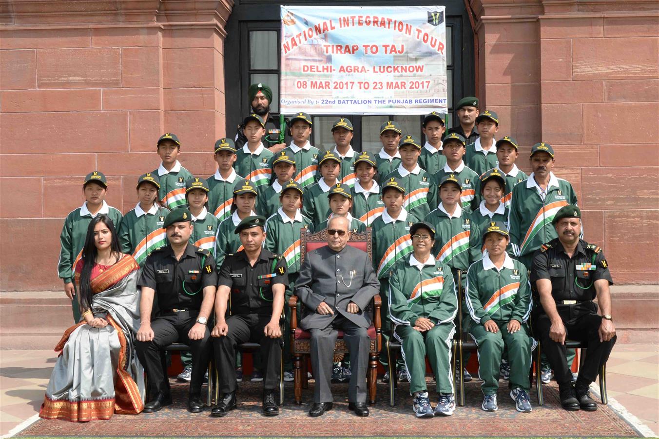 The President of India, Shri Pranab Mukherjee with Student from Tirap District of Arunachal Pradesh attending Educational and Motivational tour organized by the 26HQ 2Mtn Div. 117 Mtn Bde/22 Punjab at Rashtrapati Bhavan on March 14, 2017.