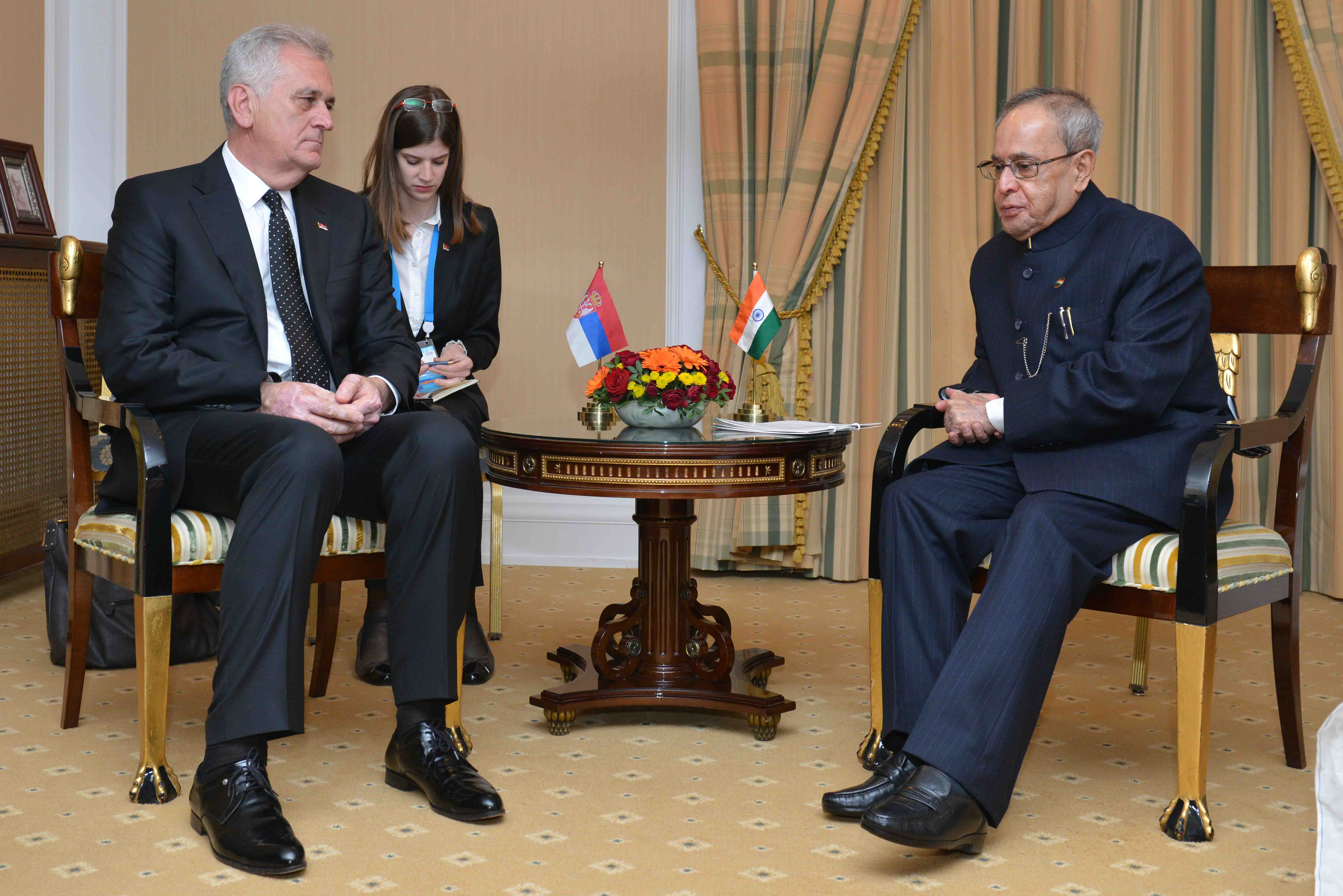 The President of Serbia, H.E. Mr. Tomislav Nikolic calling on the President of India, Shri Pranab Mukherjee at the Hotel Ritz-Carlton at Moscow in Russia on May 8, 2015.