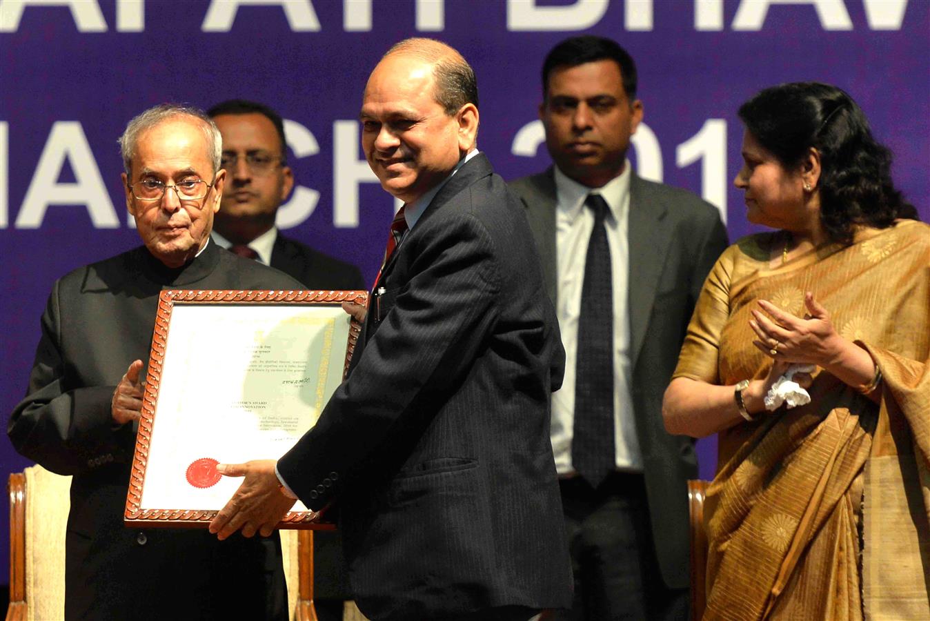 The President of India, Shri Pranab Mukherjee presenting the Visitor’s Award - 2016 for Innovation to Prof. Rakesh Bhatnagar of Jawaharlal Nehru University at Rashtrapati Bhavan Auditorium on March 14, 2016. 