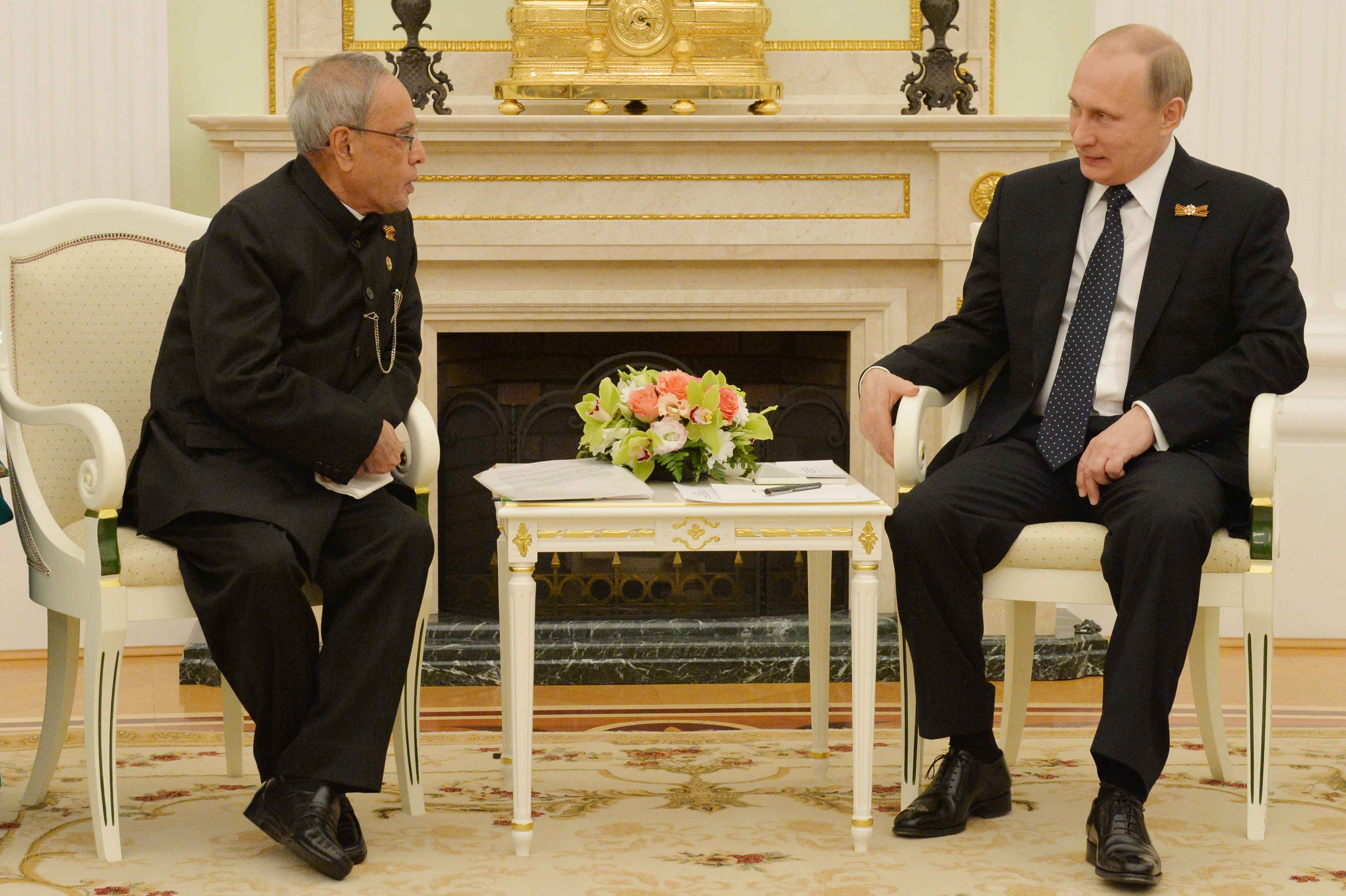 The President of India, Shri Pranab Mukherjee meeting the President of the Russian Federation H.E. Mr. Vladimir V Putin at Kremlin at Moscow in Russia on May 9, 2015.