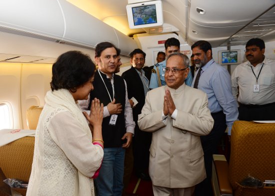 The President of India, Shri Pranab Mukherjee with members of the media on March 11, 2013 on board the special aircraft on his way to Port Louis airport, Mauritius for his State Visit.