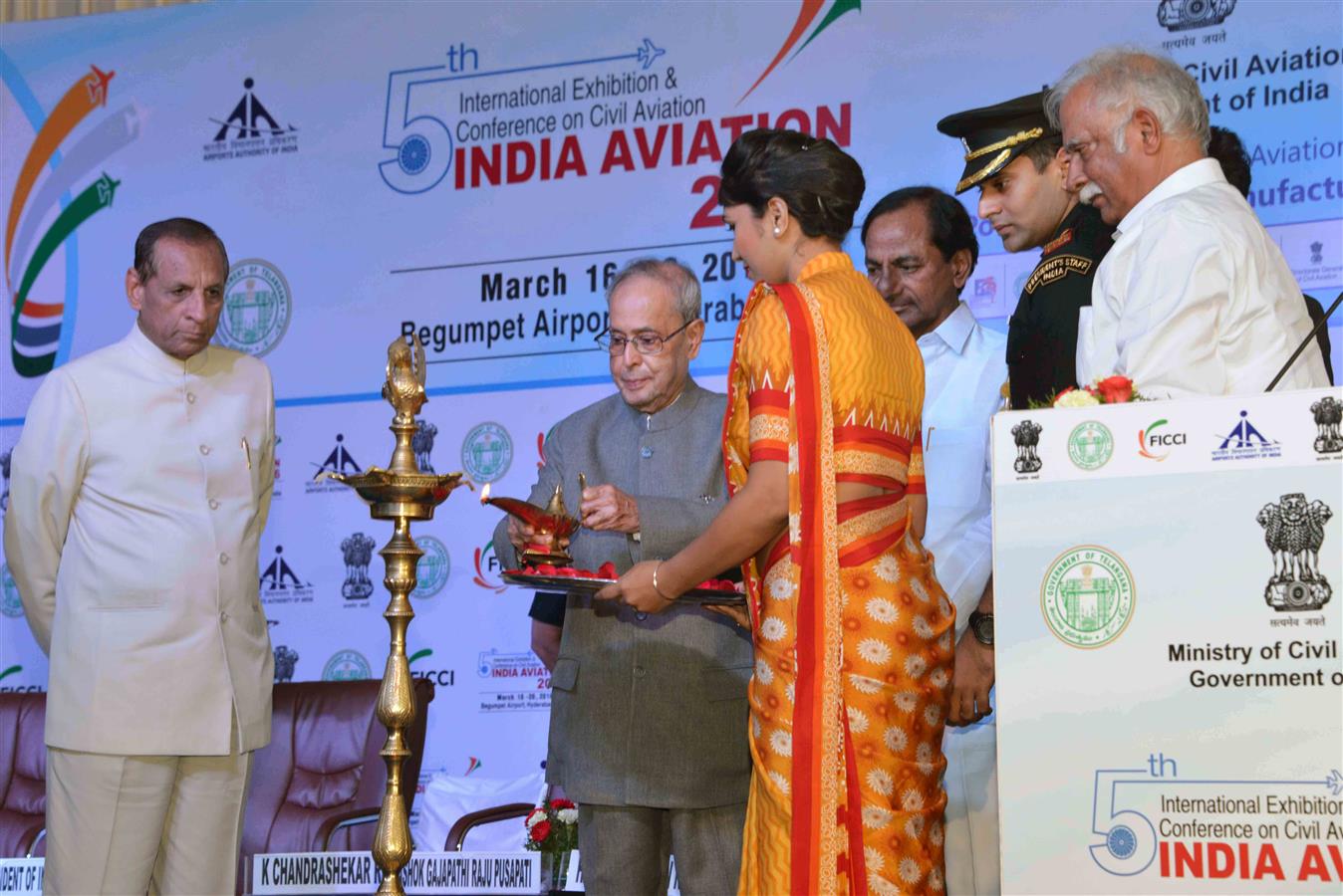 The President of India, Shri Pranab Mukherjee inaugurating the 5th Edition of Binennial Aviation Event on the theme 'India's Civil Aviation Sector : Potential a Global Manufacturing & MRO Hub' at Hyderabad on March 16, 2016. 