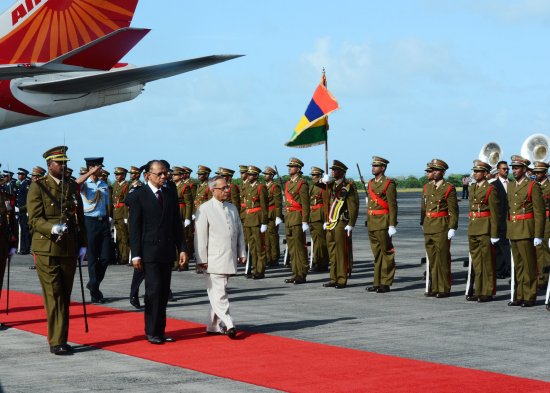 The President of India, Shri Pranab Mukherjee inspecting the Guard of Honour presented to his at Port Louis airport in Mauritius on March 11, 2013 during the Ceremonial Reception on his arrival at Port Louis airport, Mauritius. Also seen accompanying his