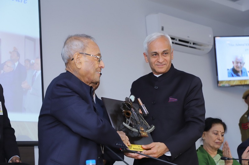 The Former President of India, Shri Pranab Mukherjee receiving a memento from Admiral Sunil  								Lanba, Chairman, National Maritime Foundation at the Inaugural Vice-Admiral K.K. Nayyar Memorial Lecture  								on 15 February 2020.