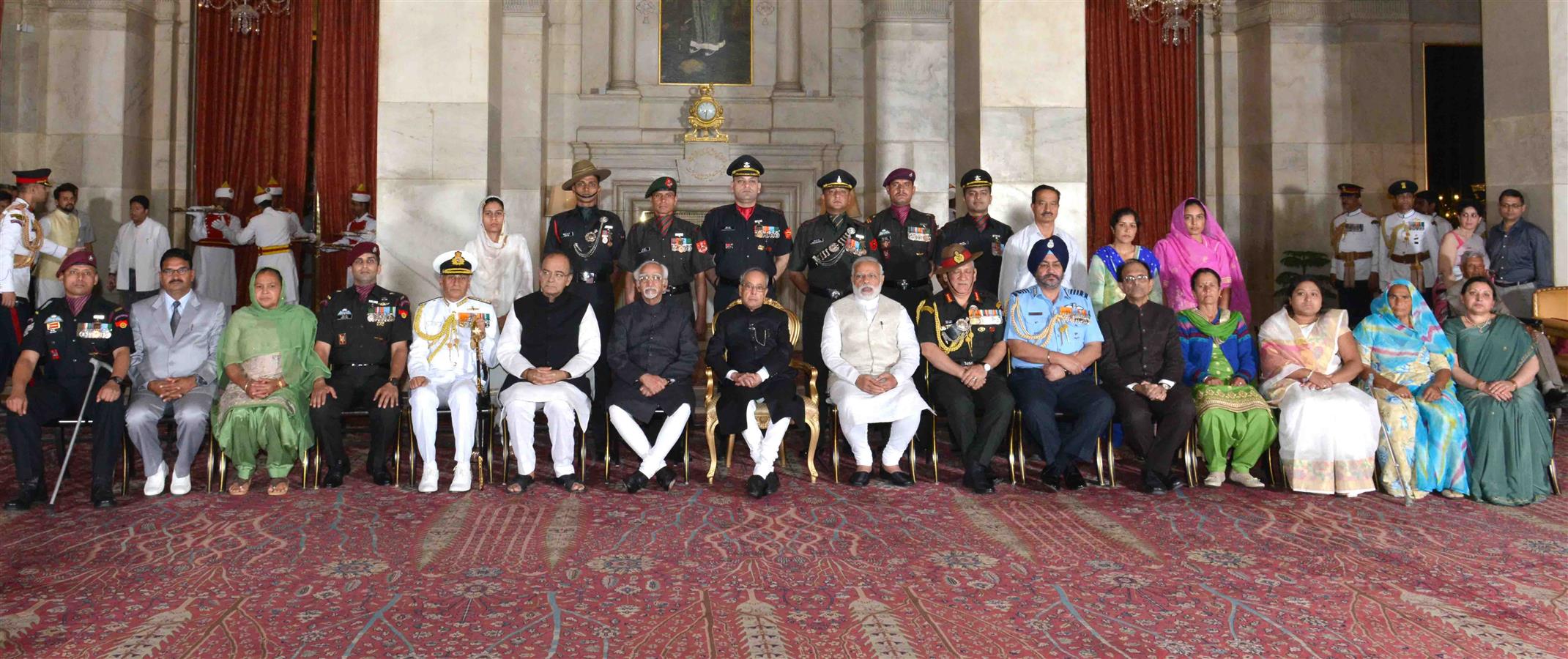 The President of India, Shri Pranab Mukherjee with recipients of Gallantry Awards and Distinguished Service Decorations at a Defence Investiture Ceremony in Rashtrapati Bhavan on March 20, 2017.