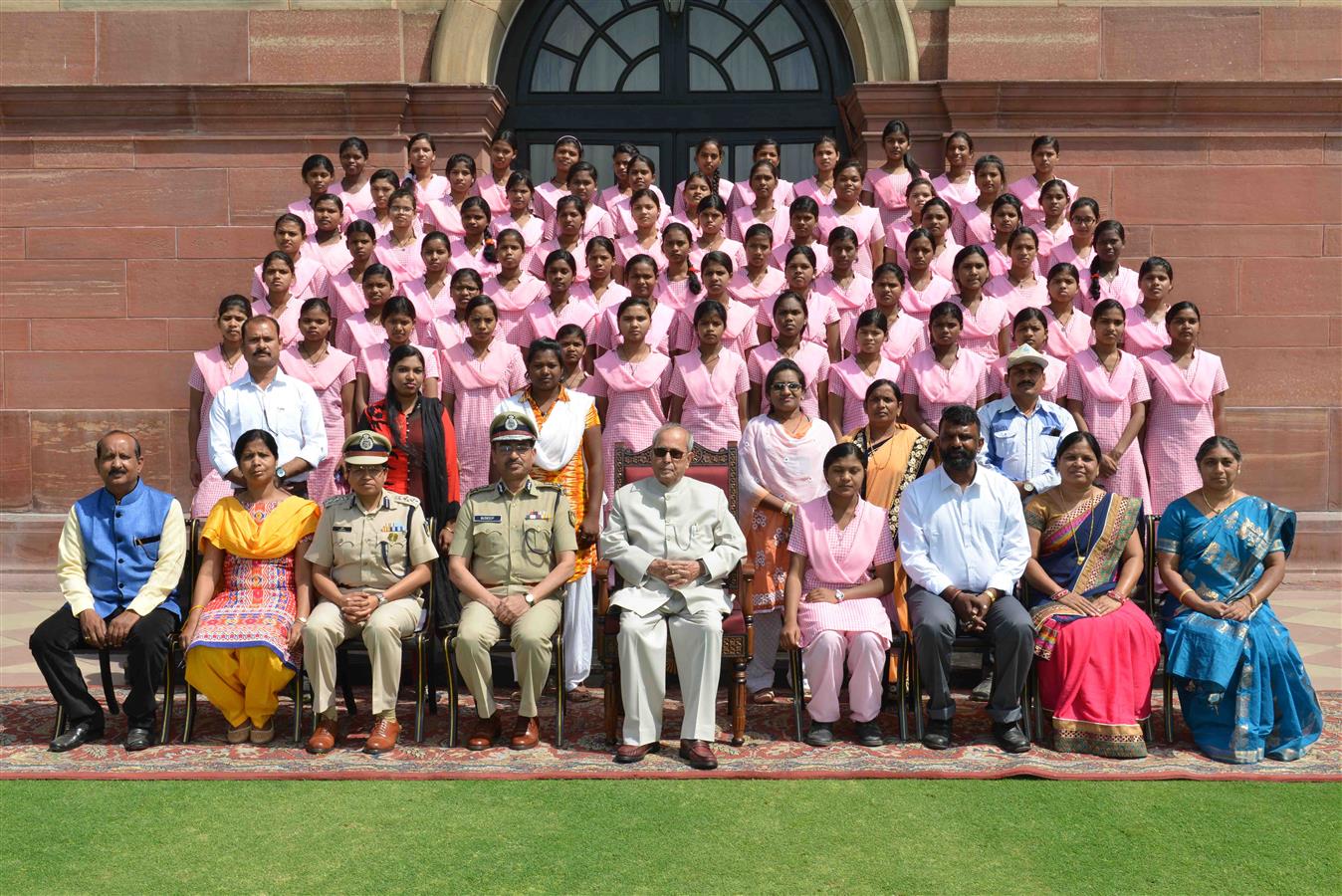 The President of India, Shri Pranab Mukherjee with Girl Students from Ramakrishna Mission Ashrama, Narainpur, Chhattisgarh at Rashtrapati Bhavan on March 21, 2017.