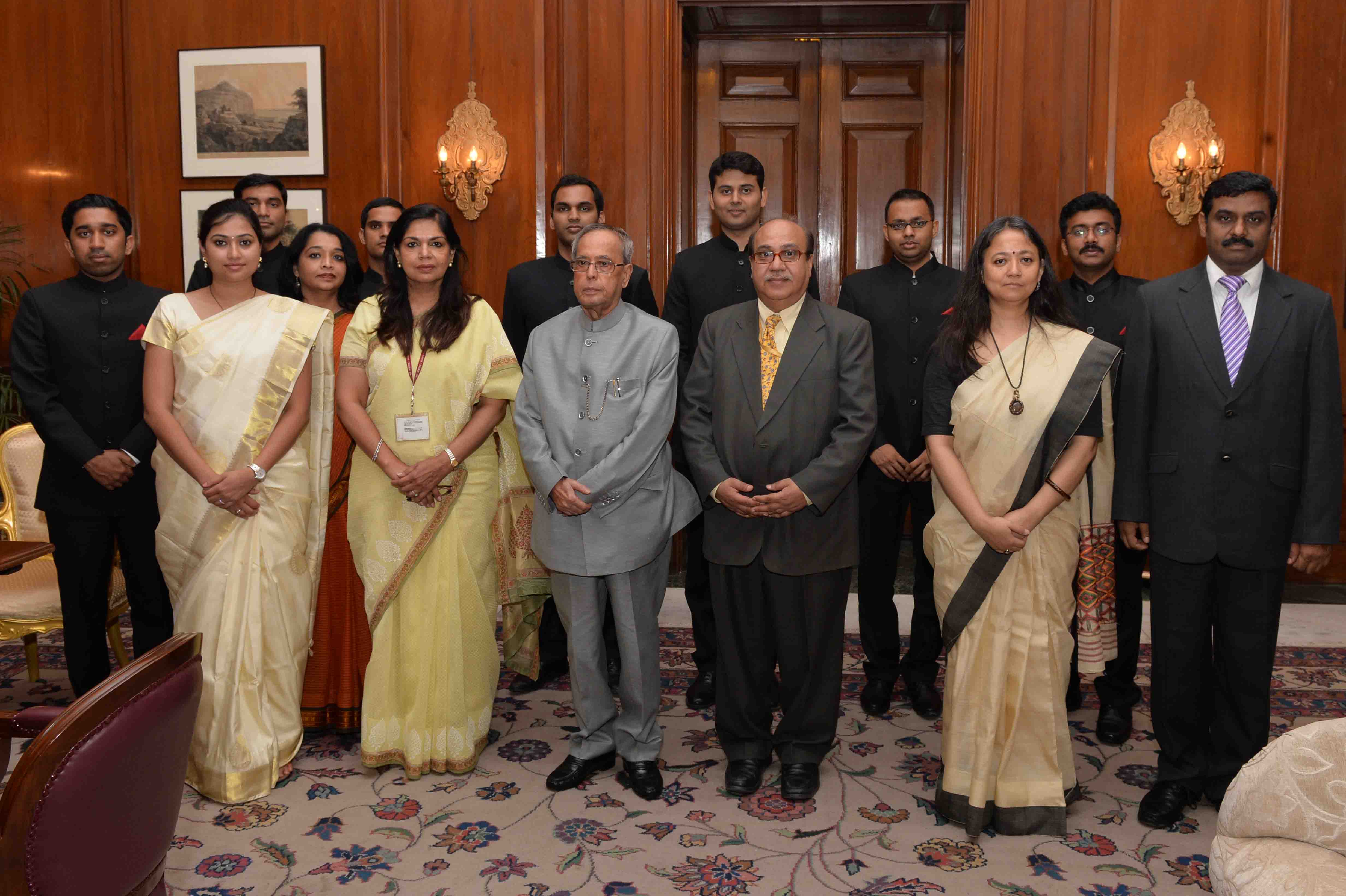 The President of India, Shri Pranab Mukherjee with the artists after witnessing a concert by Ustad Abdul Rashid Khan and group at Rashtrapati Bhavan Cultural Centre on May 16, 2015.