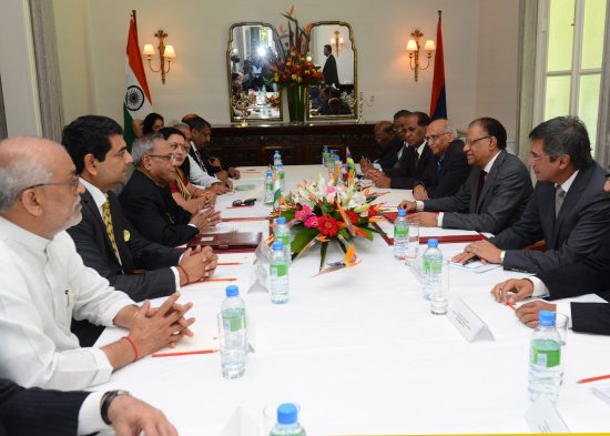 The President of India, Shri Pranab Mukherjee during the delegation level talks with the Prime Minister of Republic of Mauritius, H.E. Dr. Navinchandran Ramgoolam, GCSK at Clarisse House in Port Louis, Mauritius on March 12, 2013.