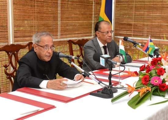 The President of India, Shri Pranab Mukherjee making his press statement on March 12, 2013 at Port Louis in Mauritius after meeting with the Prime Minister of the Republic of Mauritius, H.E. Dr. Naveenchandra Ramgoolam.