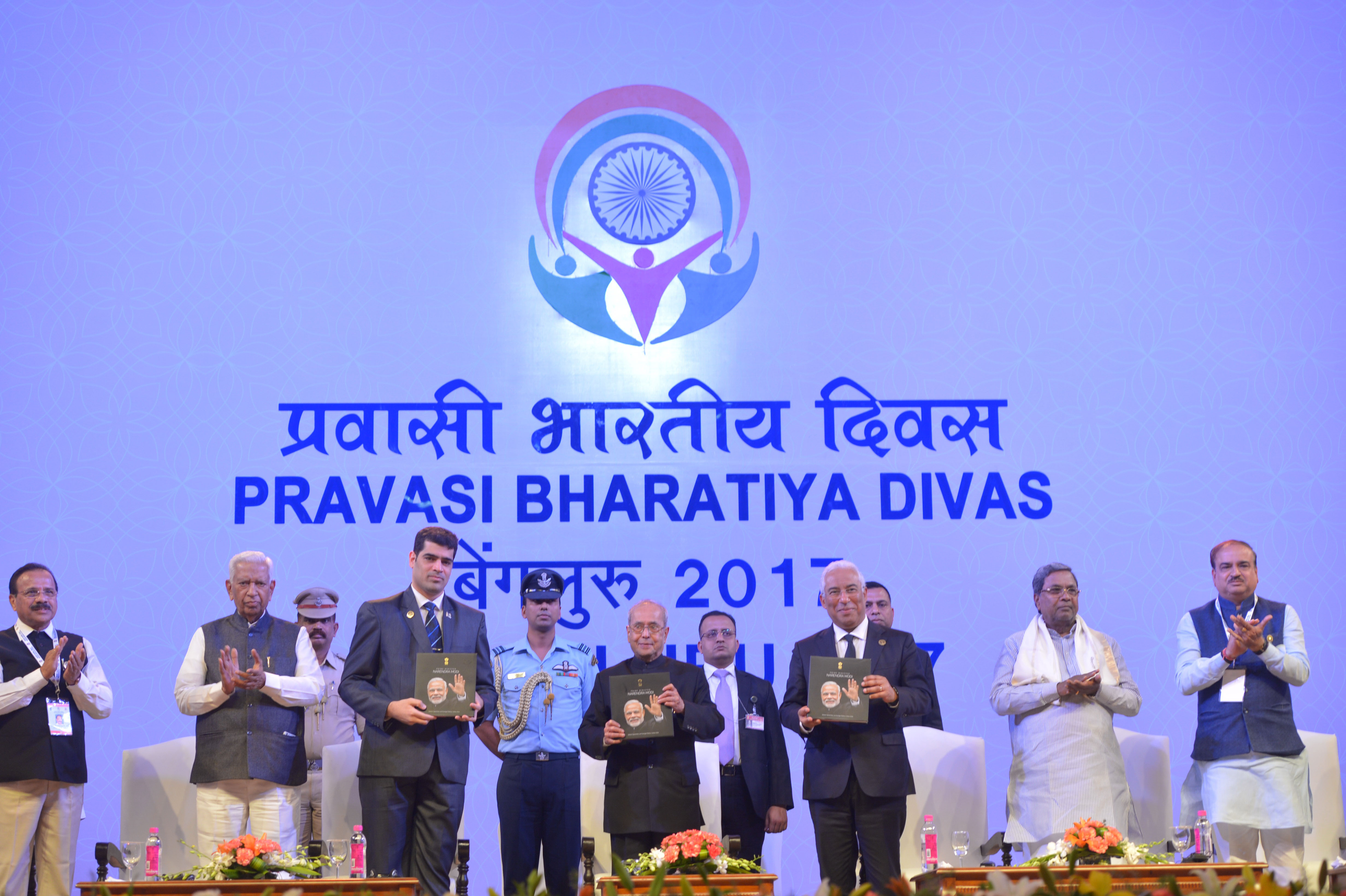 The President of India, Shri Pranab Mukherjee releasing a compilation of Selected Speeches by the Prime Minister Narendra Modi on foreign policy at the 14th Edition of the Pravasi Bhartiya Divas Convention in Bengaluru on January 9, 2017.